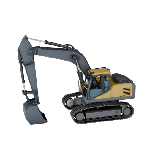 Construction Excavator Low Poly 3D model, game viewport three-quarter view, showing painted steel, form detail.