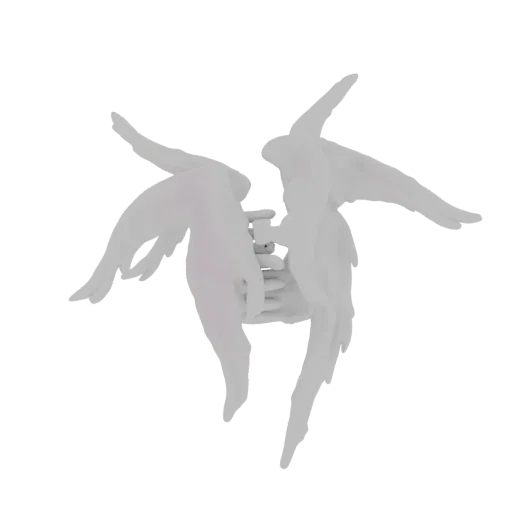 A 3D render of a pair of stylized white angel wings against a black background.