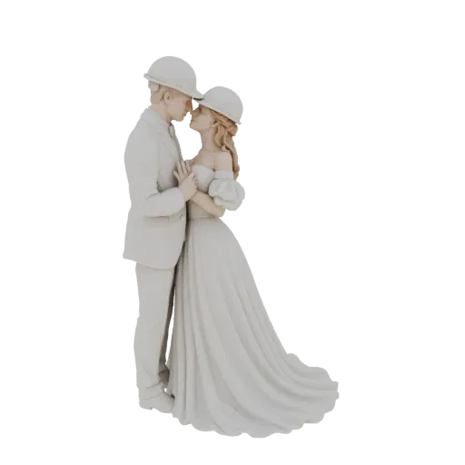 3D model of a bride and groom wearing construction helmets, kissing on a wedding cake topper.
