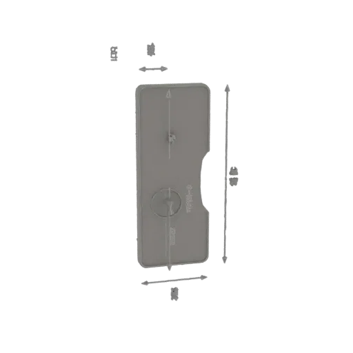 Aperçu 3D d'un couvercle rectangulaire gris avec une découpe semi-circulaire et un trou de montage circulaire central.