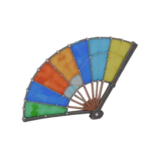 3D model of a stained glass fan with multi-colored glass panels and a metal frame