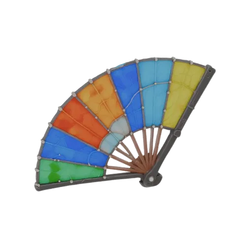 Modelo 3D de abanico de vitral con paneles de vidrio multicolores y marco metálico