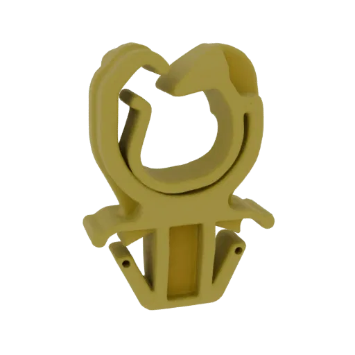 3D render of a yellow plastic pipe clip with two mounting tabs and screw holes, isolated on a white background.