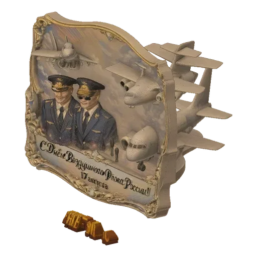 Modèle 3D d'un diorama avec deux officiers de l'armée de l'air russe, un avion de chasse et des avions de ligne, avec texte r