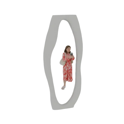3D model of a woman in a red dress holding a phone to take a selfie, reflected in a distorted oval mirror.