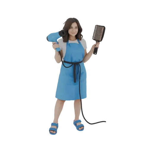 3D model of a female hairdresser holding a blue blow dryer and a black comb, wearing a blue apron.