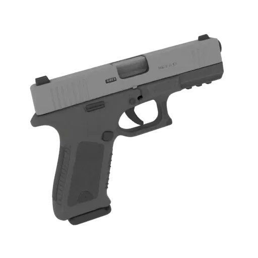 3D model of Glock pistol with RMR mount, side view, on dark background