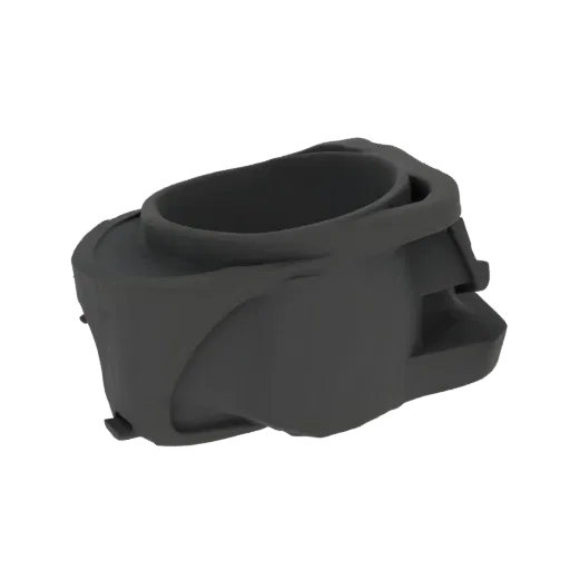 3D model of a futuristic industrial clamp with a circular opening and a dark gray, matte finish, set against a black backgrou