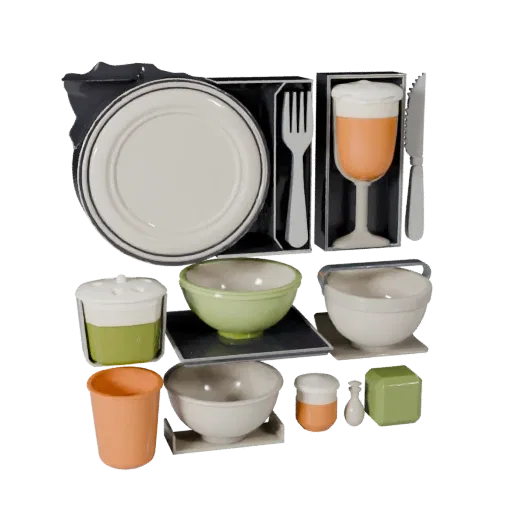 Picnic Salad Bowl Set Stylized 3D model, stylized isometric render, showing ceramic, arranged serving layout.