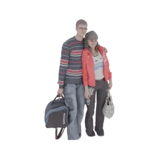 3D model of a young man and woman standing together with a duffel bag and a handbag, appearing ready for travel.