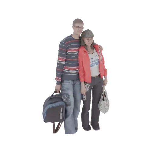 3D model of a young man and woman standing together with a duffel bag and a handbag, appearing ready for travel.