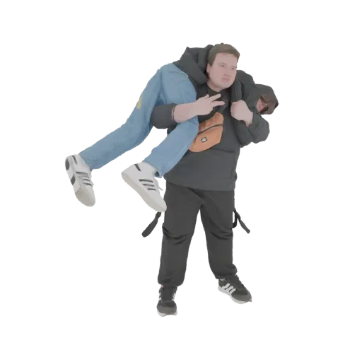 3D model of a man carrying a woman piggyback, both wearing casual clothing.
