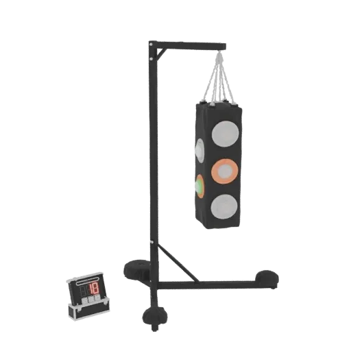 3D model of a black boxing training bag with illuminated target circles and a digital timer on a black stand.