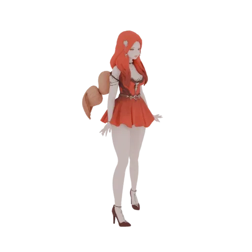 3D model of a stylized anime girl with red hair, wearing a short red dress and high heels, posed gracefully.
