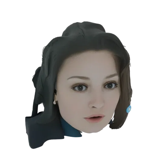 AI-generated 3D model of a woman's head with brown hair and a pearl earring, facing forward.