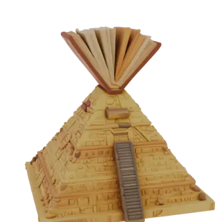 Modello 3D di Piramide Egizia con libro aperto in cima, nei toni della sabbia.