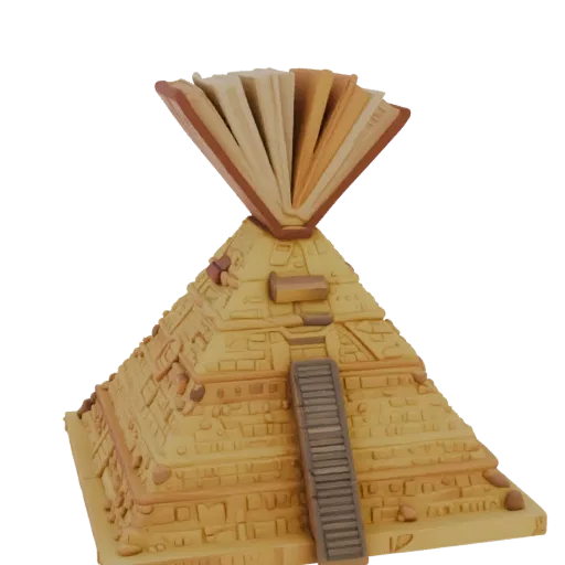 Modèle 3D de Pyramide Égyptienne avec un livre ouvert au sommet, rendu dans des tons sableux.