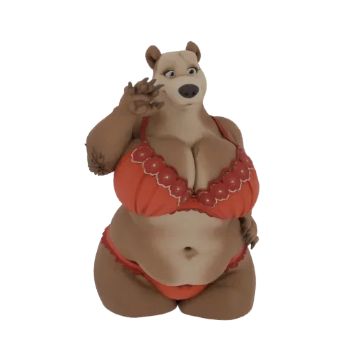3D model of a buxom bear character wearing a red bikini, with one paw raised in a friendly wave.
