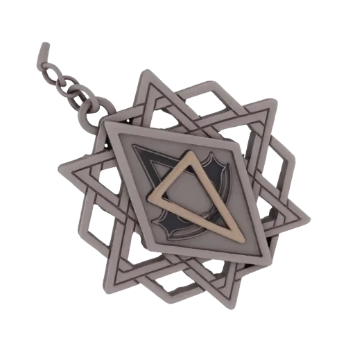 3D render of a metallic geometric star pendant with a golden triangle accent and a chain, set against a black background.