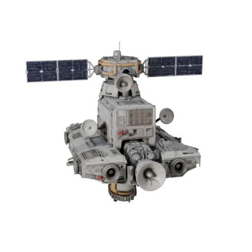 Navigation Relay Station High Poly 3D model, close-up studio render, showing solar panels, spacecraft silhouette.