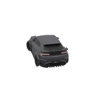 Drei-Viertel-Ansicht von hinten eines aggressiven dunkelgrauen SUV-3D-Modells mit breitem Bodykit und vier Auspuffrohren.