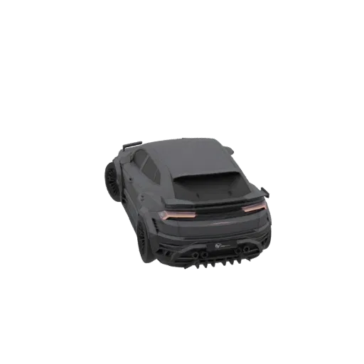 Drei-Viertel-Ansicht von hinten eines aggressiven dunkelgrauen SUV-3D-Modells mit breitem Bodykit und vier Auspuffrohren.
