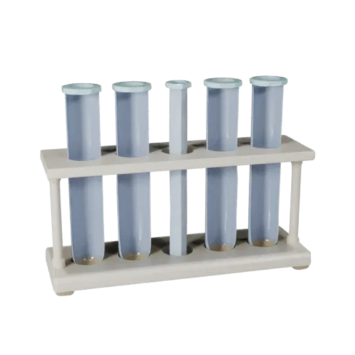 Classroom Test Tube Rack Low Poly 3D model, game viewport three-quarter view, showing glass, recognizable lab forms.