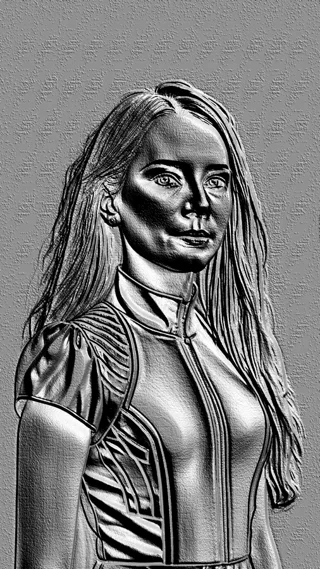 Modello 3D di bassorilievo "Irina argentata", raffigurante una donna con lunghi capelli in tonalità argentate.