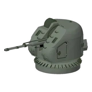 A 3D render of a grey naval deck gun turret with a visible barrel, set against a black background.