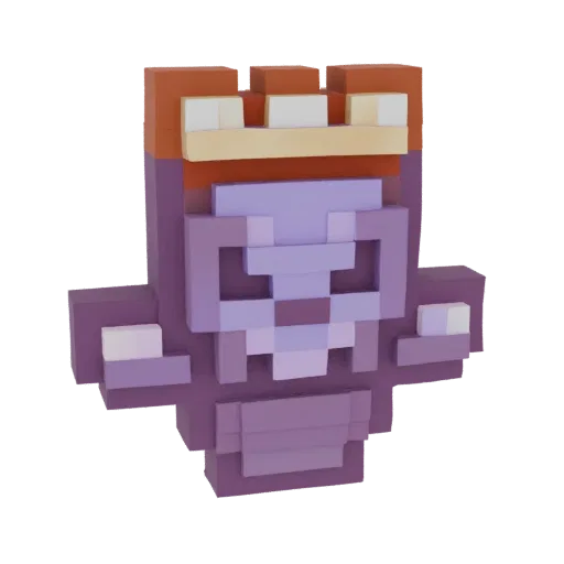 Modelo 3D Tótem de la Inmortalidad del Rey Voxel, una figura morada con corona dorada, renderizado sobre fondo blanco.