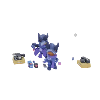 Render 3D de dos caballeros oscuros chibi con gadgets futuristas y pequeños accesorios tecnológicos dispersos a su alrededor.