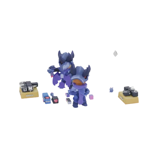 Rendu 3D de deux chevaliers noirs chibi avec des gadgets futuristes et de petits accessoires technologiques dispersés autour