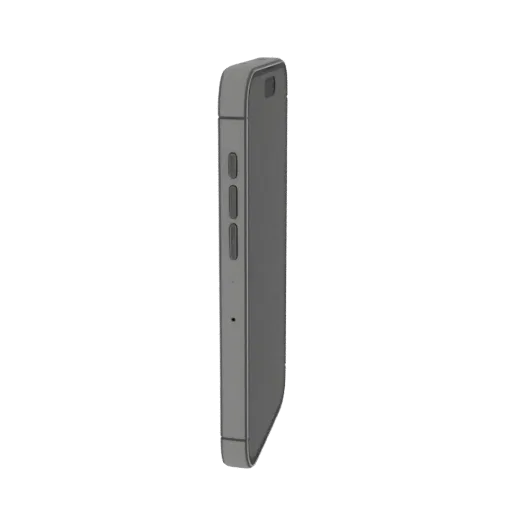 Side view of a sleek, modern gray smartphone 3D model against a black background.