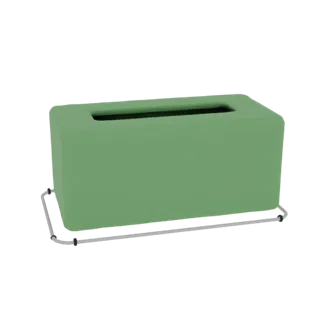 3D model of a green tissue box with a metal stand, front view