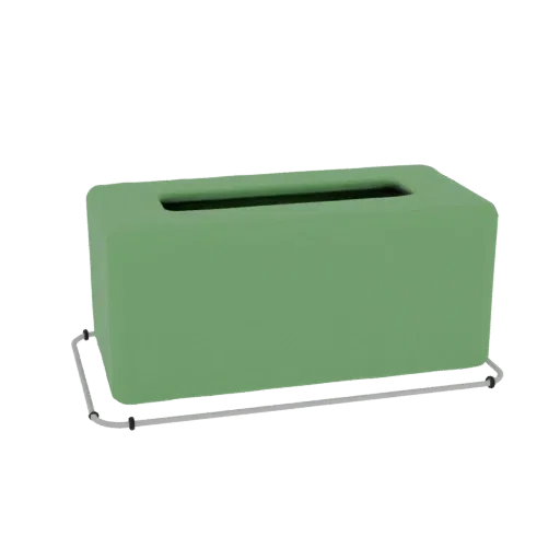 3D model of a green tissue box with a metal stand, front view