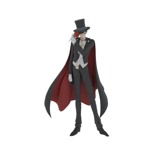 3D model of a man in a black tuxedo, top hat, and red rose, standing elegantly against a black background.