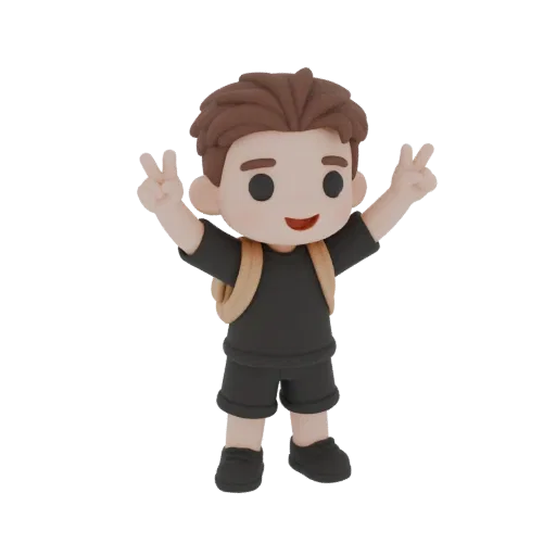 3D model of a cute chibi boy with brown hair, wearing a black t-shirt and shorts, carrying a backpack and making a peace sign