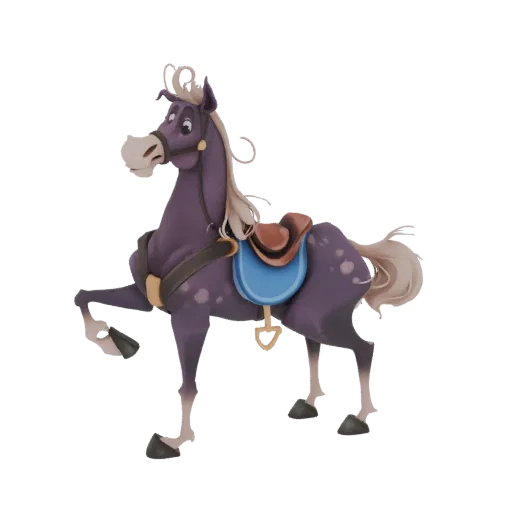 3D model of a whimsical purple horse with a light mane and a blue saddle, standing in a playful pose.