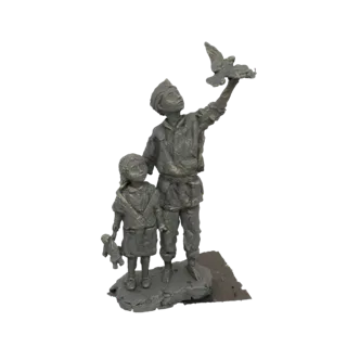 3D model of a young soldier and a girl releasing a dove, symbolizing peace and hope.