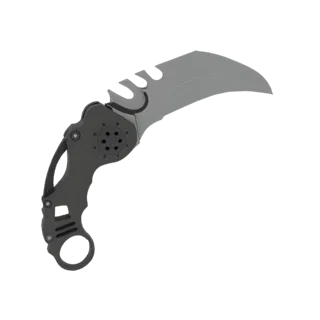 3D model of a futuristic karambit folding knife with a curved grey blade and a dark grey articulated handle with a finger rin