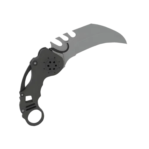 3D model of a futuristic karambit folding knife with a curved grey blade and a dark grey articulated handle with a finger rin