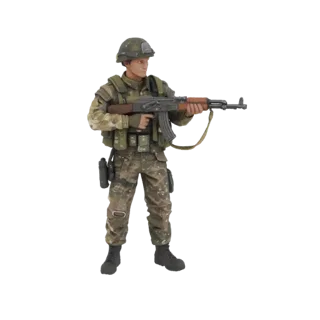 3D model of a 2003 Iraqi soldier in camouflage, holding an AK-47 rifle, on a white background