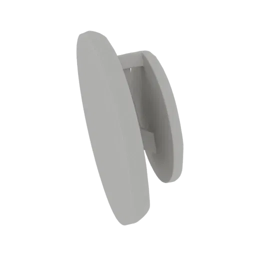 3D render of a minimalist gray oval button with a recessed stem, presented against a white background.