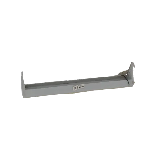 3D model of a gray metal shelf bracket with a visible label, presented against a white background.