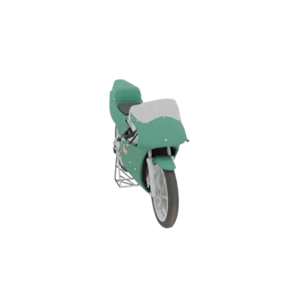 A 3D render of a teal and white retro sportbike, viewed from the front-right angle, with a white background.