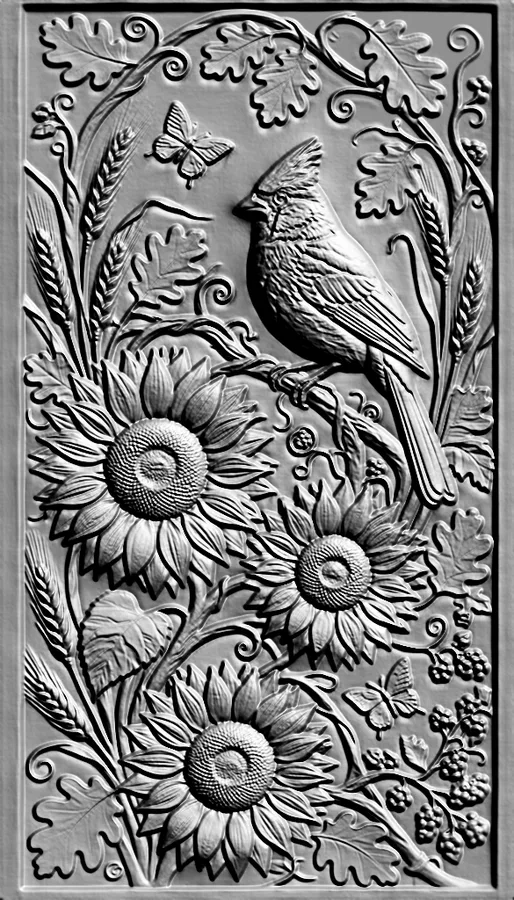 3D model of a relief with a cardinal, sunflowers, wheat, and butterflies