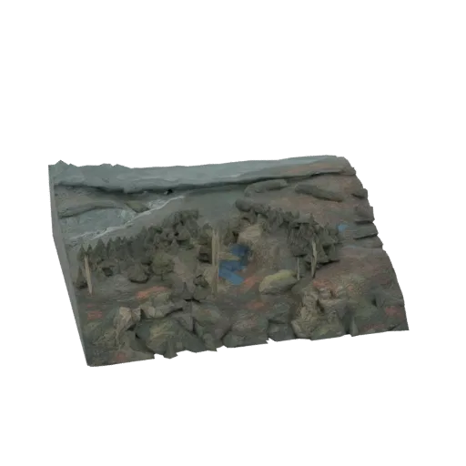 3D model preview of a miniature diorama featuring a forest scene with a winding blue stream, textured rocks, and scattered tr