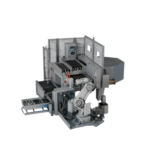 Packaging Robot Cell Realistic 3D model, three-quarter studio render, showing painted steel, machine stations.
