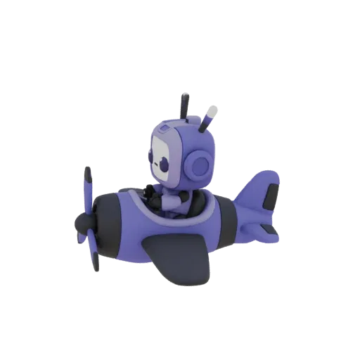 A 3D render of a cute purple robot with large eyes, wearing a pilot's uniform, sitting in the cockpit of a purple and dark gr