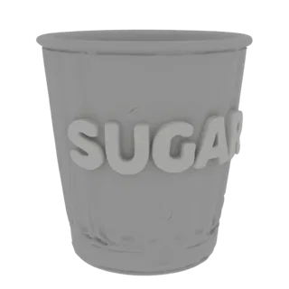 Modelo 3D de vaso gris con inscripción en relieve "AZÚCAR" en la pared, vista frontal
